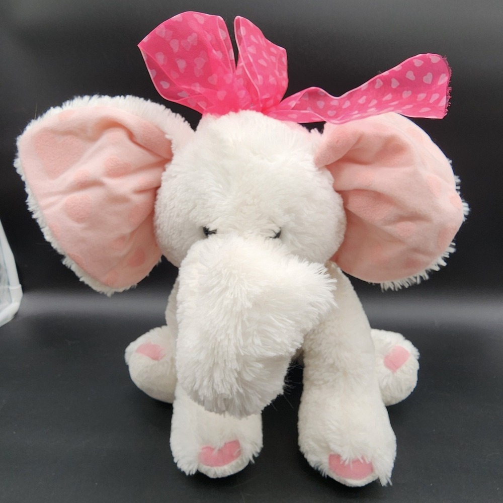 Russ Berrie 12" White Ellie Elephant Pink Heart Ears Bow Plush Stuffed Animal